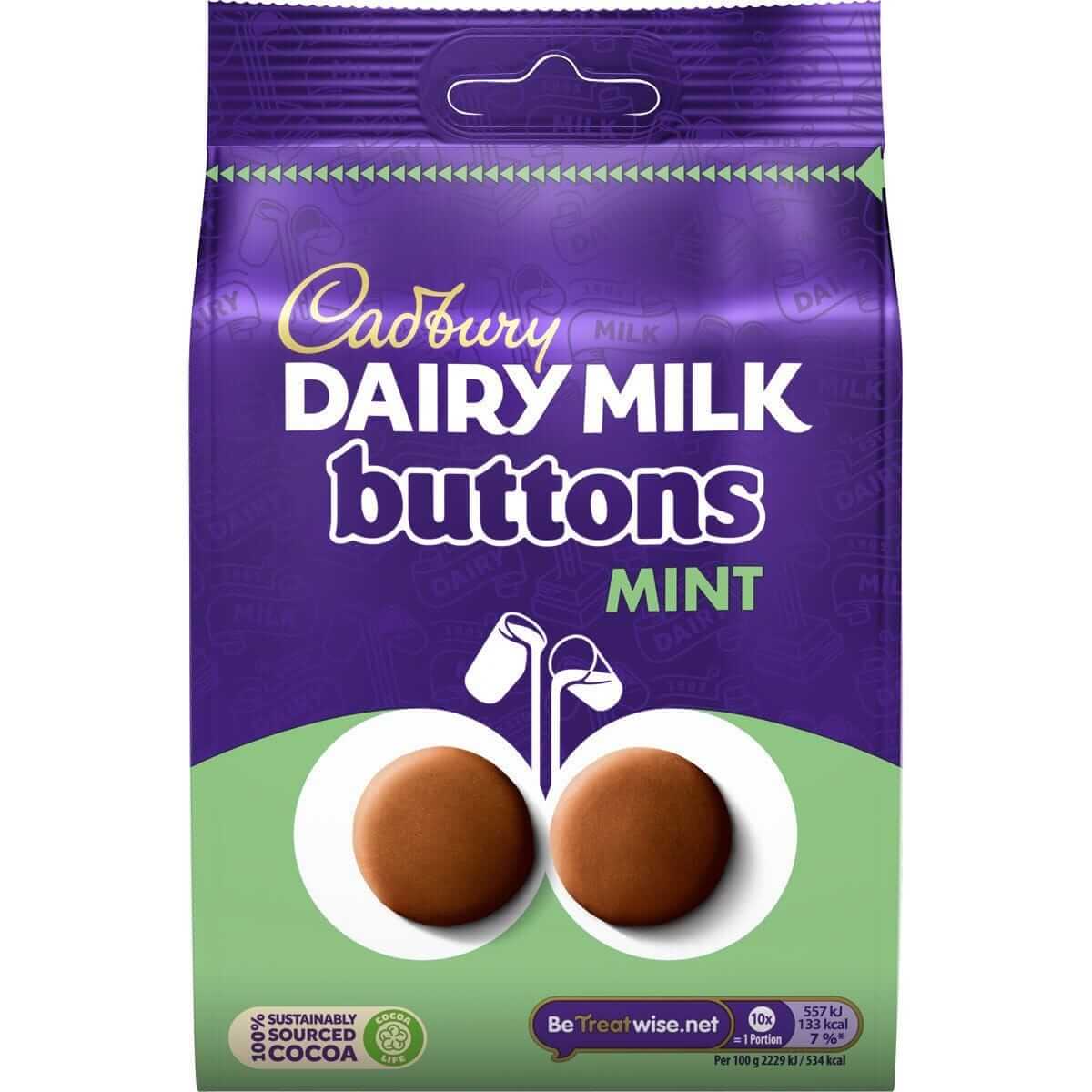 Click to view product details and reviews for Dairy Milk Giant Mint Buttons Bag 110g.
