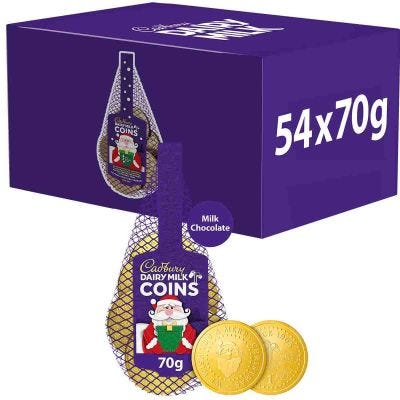 Cadbury Dairy Milk Chocolate Christmas Coins Bag 70g (Box of 54)